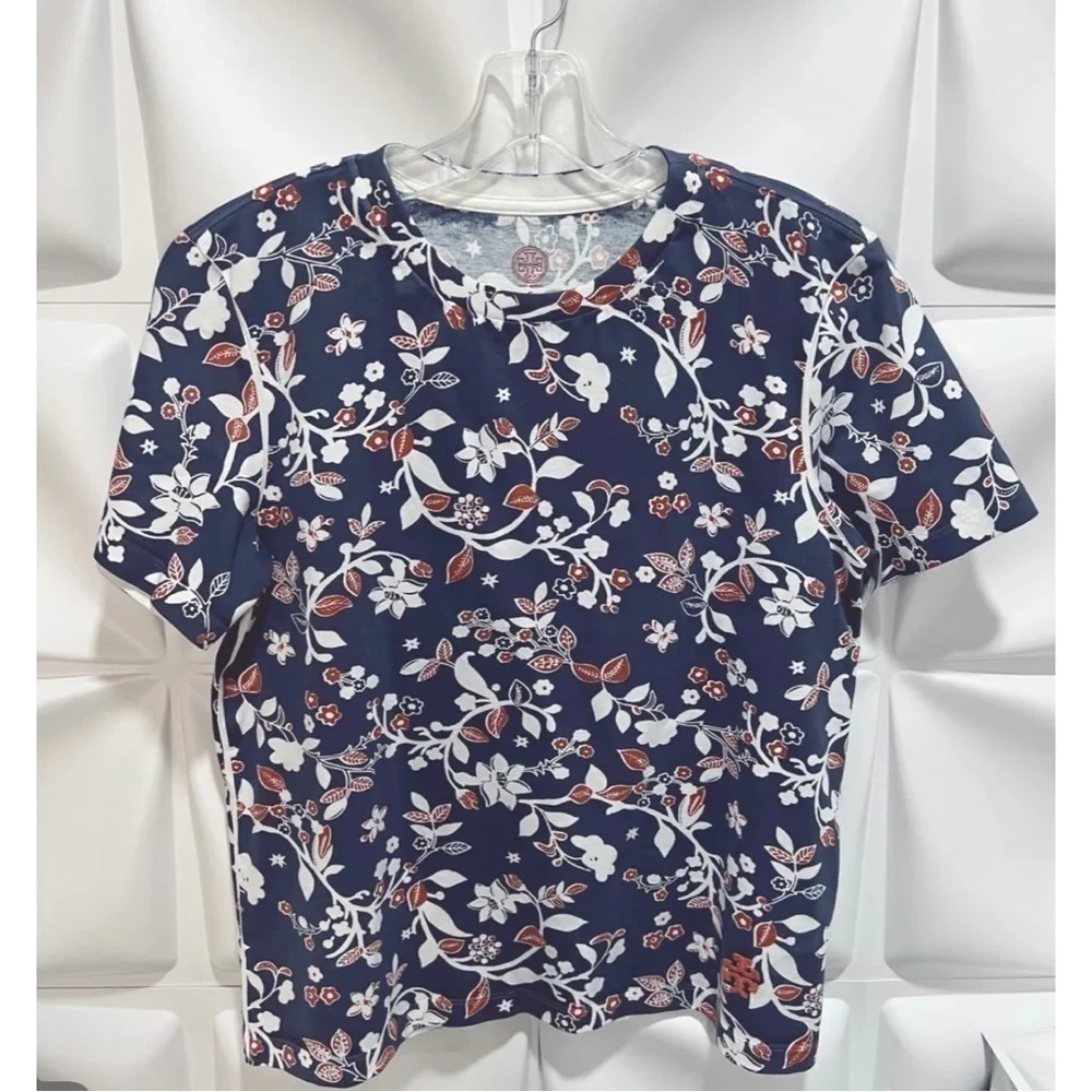 Tory Burch Womens Sz S Blue Floral Print Embroidered Logo Tee T-Shirt Top Blouse